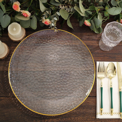6-Pack Economy Plastic Charger Plates 13" Round Clear Hammered Design with Gold Rim - Decorative Dinner Party Serving Plates