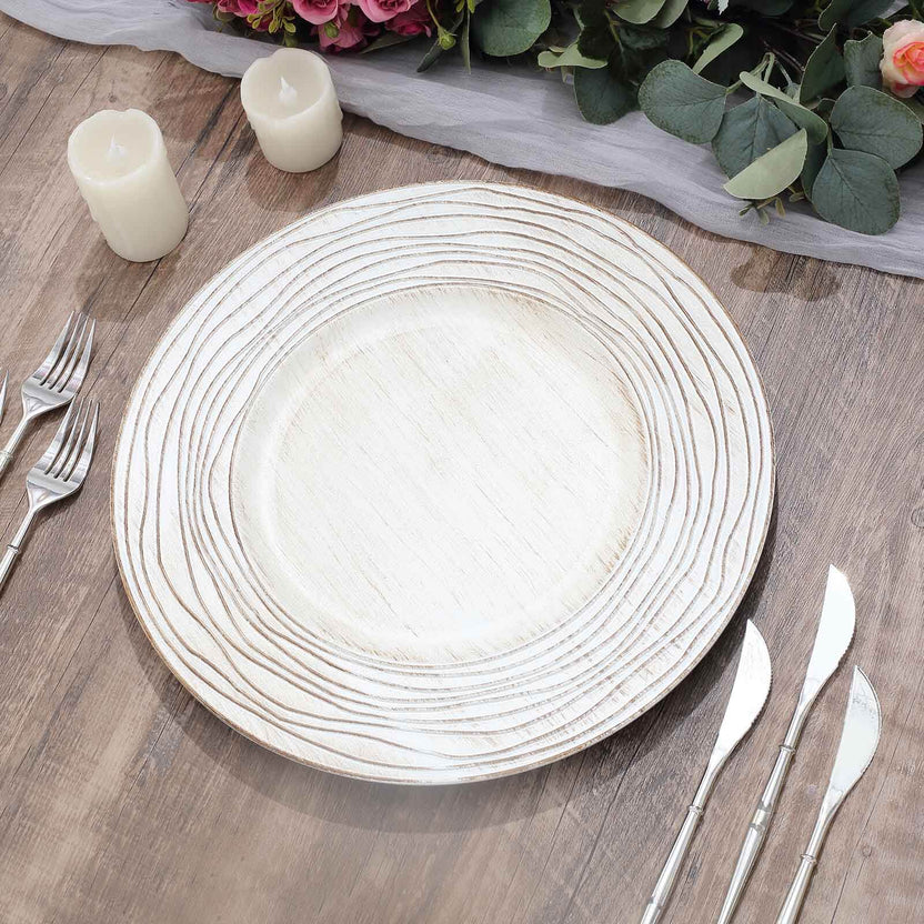 White Washed Rose Embossed Faux Wood Charger Plates | eFavormart