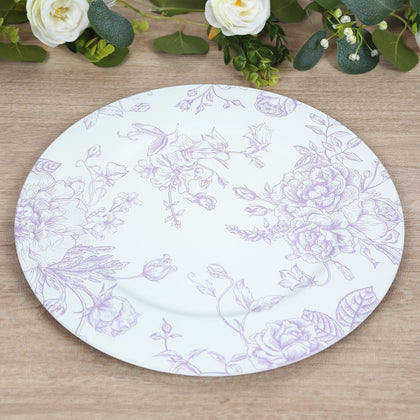 6 Pack Floral Acrylic Charger Plates in French Toile Pattern, Matte Lavender and White Round Dinner Charger Event Tabletop Decor - 13"