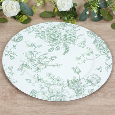 6 Pack Floral Acrylic Charger Plates in French Toile Pattern, White Sage Green Round Dinner Charger Event Tabletop Decor - 13"