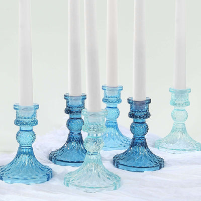 6-Pack Glass Taper Candlestick Holders 4" Diamond Pattern Design Assorted Blue - Reversible Crystal Pillar Votive Stands