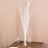 White decorative branches in a glass vase on a wooden table.