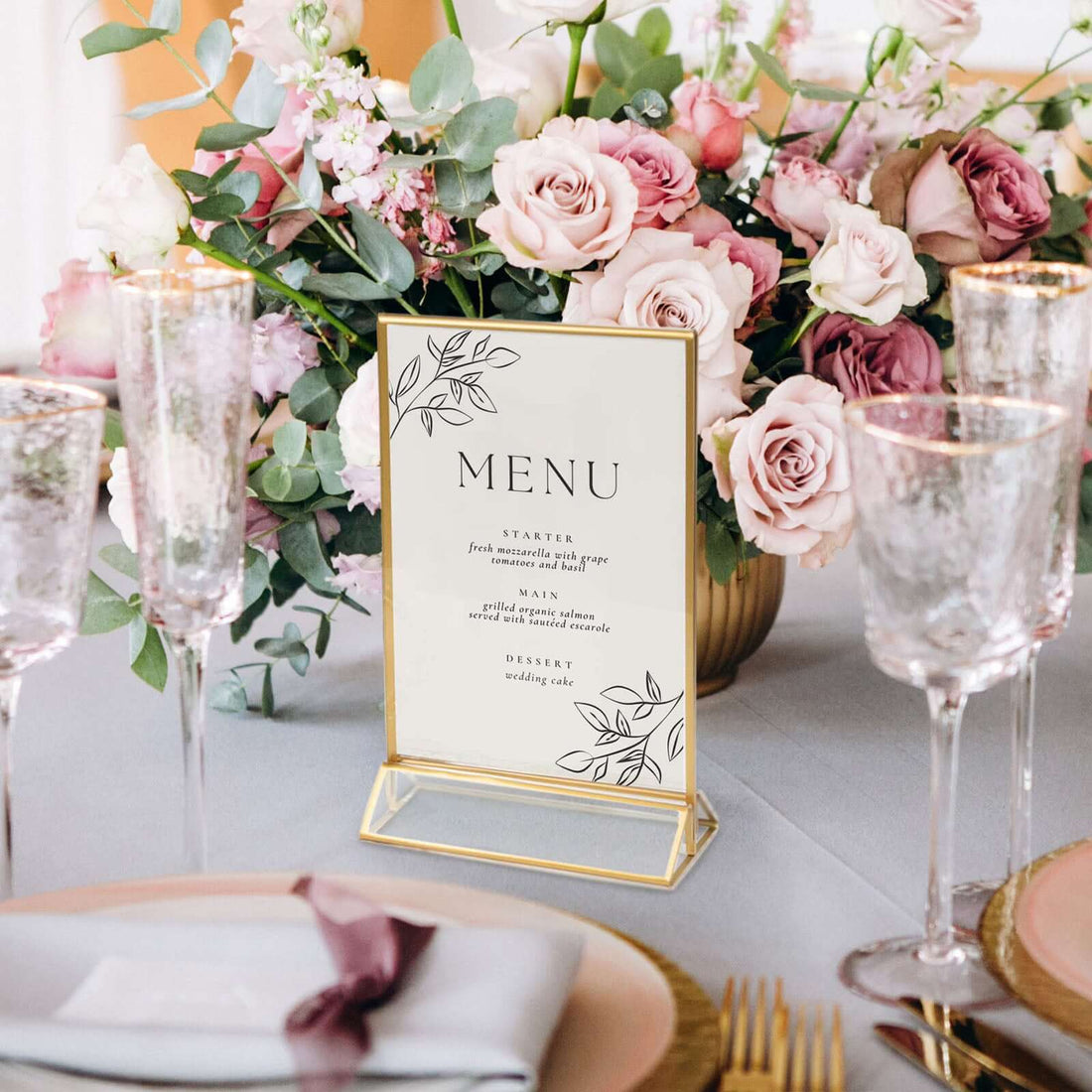 Menu boards and acrylic table sign holders for buffet table setup