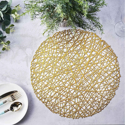 6-Pack Vinyl Placemats 15" Gold Metallic Woven Design - Decorative Non-Slip Round Table Mats