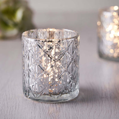 6-Pack Mercury Glass Candle Holders 3" Shiny Silver with Geometric Design - Votive Tealight Holders