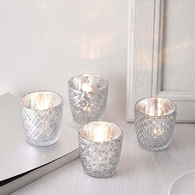 6-Pack Mercury Glass Votive Candle Holders 3" Metallic Silver with Assorted Geometric Designs - Tealight Holders