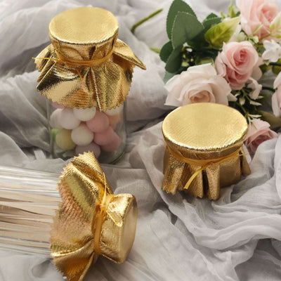 6-Pack Metallic Gold Fabric Jar Covers 6" Round Lame Design with Satin Tie String - DIY Party Favors & Craft Supplies