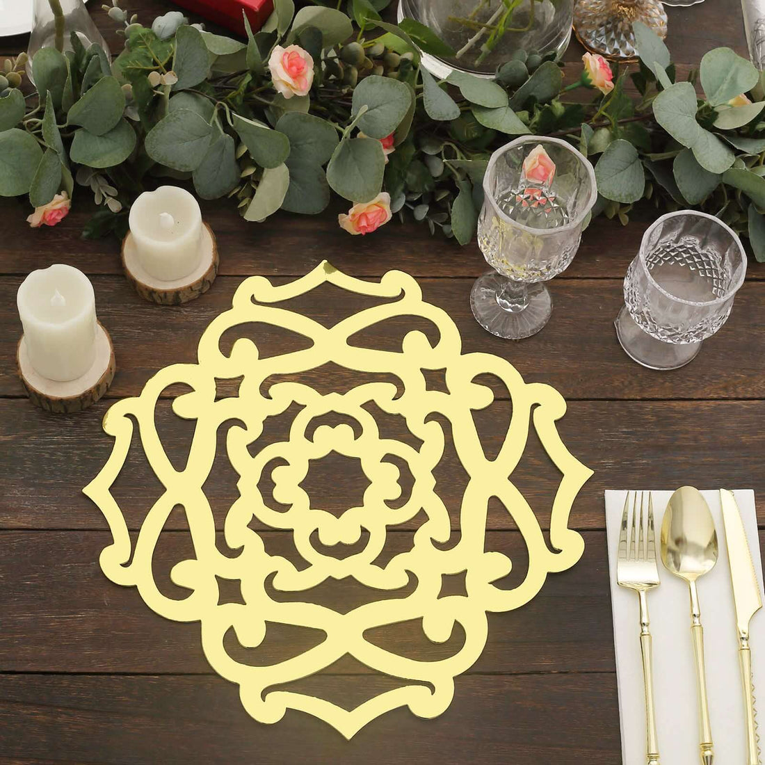 Elegant yellow lace table centerpiece on a rustic wooden table