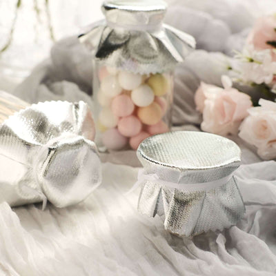 6-Pack Metallic Silver Fabric Jar Covers 6" Round Lame Design with Satin Tie String - DIY Party Favors & Craft Supplies
