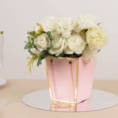 6 Pack Pink Gold Edge Paper Flower Gift Bags With Metal Chain Handles, Party Favor Tote Bags in Trapezoid Shape - 5"x6"