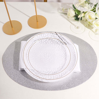 6-Pack Placemats 12"x18" Oval Glitter Design Silver Sparkle - Non-Slip Dining Table Mats