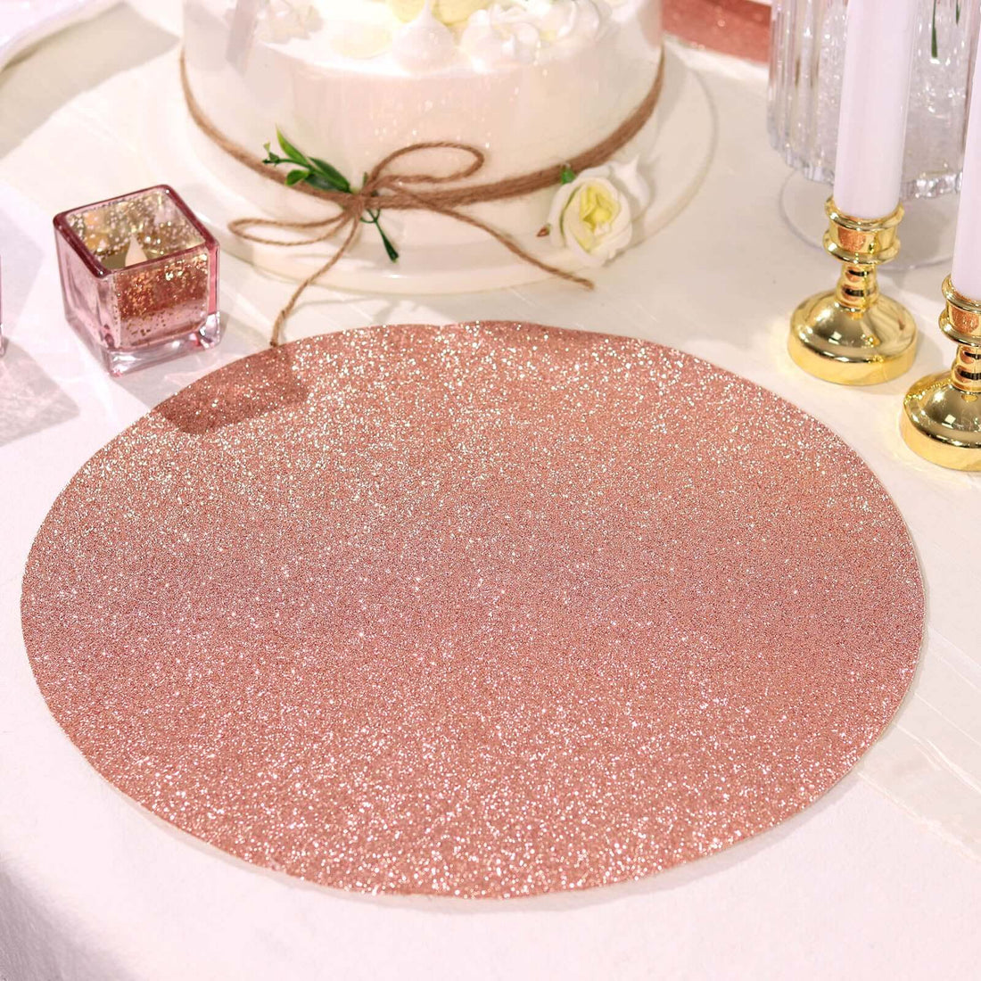 Rose gold glitter table runner on a decorated dining table.