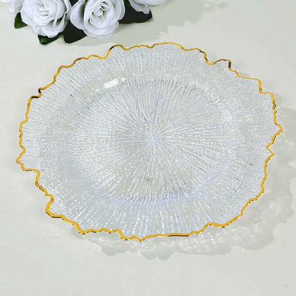 6-Pack Plastic Charger Plates 13", Round Clear Reef Design with Gold Rim - Decorative Dinner Party Serving Plates