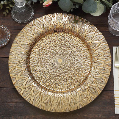 6-Pack Plastic Charger Plates 13" Round Gold with Embossed Peacock Pattern - Stylish Disposable Charger Tableware