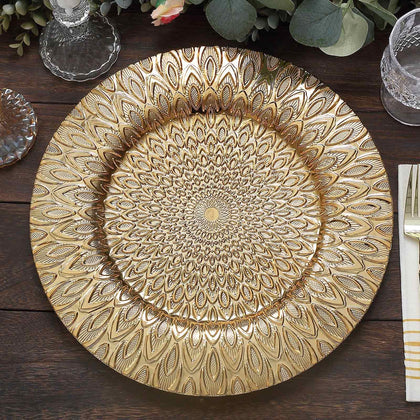 6-Pack Plastic Charger Plates 13" Round Gold with Embossed Peacock Pattern - Stylish Disposable Charger Tableware