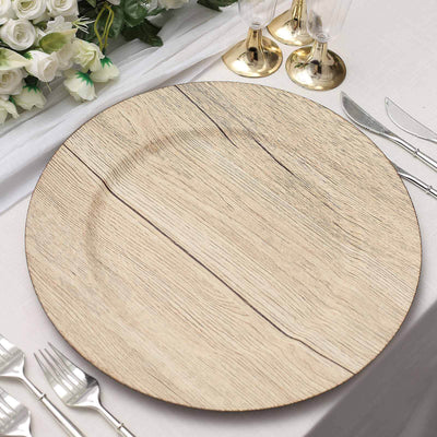 6-Pack Plastic Charger Plates 13" Round Natural with Faux Wood Finish - Rustic Boho Chic Dinner Party Charger Tableware