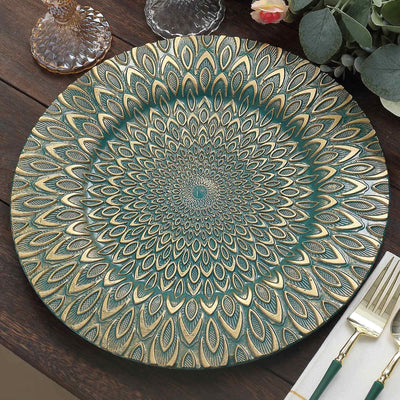 6-Pack Plastic Charger Plates 13" Round Teal with Gold Embossed Peacock Pattern - Disposable Charger Tableware