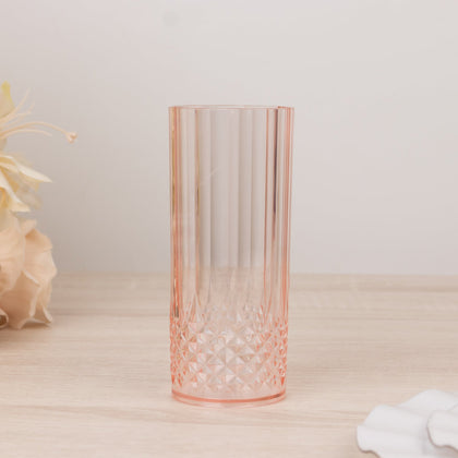 6-Pack Plastic Highball Drink Glasses 14oz, Crystal Cut Style Transparent Blush - Shatterproof Tall Cocktail Tumblers