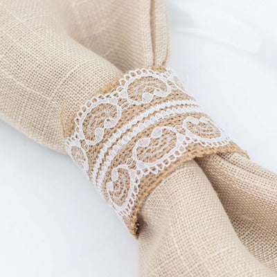 6 Pack Rustic Farmhouse Style Jute and Lace Napkin Rings, Boho Chic Burlap Serviette Buckles Holder