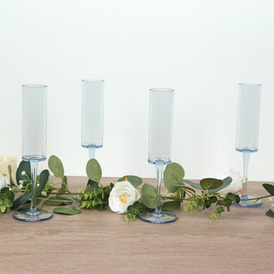 6-Pack Transparent Dusty Blue Plastic Champagne Flute Glasses 6oz, Cylindrical Shape with Long Stems - Reusable Wine Mimosa Goblets 9.5" Tall
