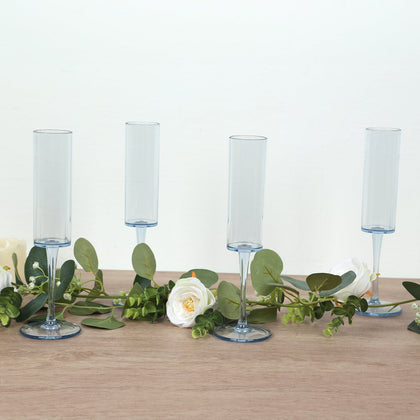 6-Pack Transparent Dusty Blue Plastic Champagne Flute Glasses 6oz, Cylindrical Shape with Long Stems - Reusable Wine Mimosa Goblets 9.5" Tall