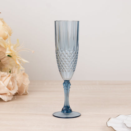 6-Pack Transparent Plastic Champagne Glasses 8oz, Crystal Cut Style Dusty Blue - Shatterproof Wedding Toast Flutes
