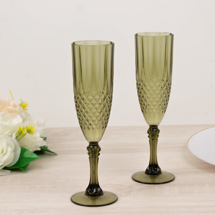 6-Pack Transparent Plastic Champagne Glasses 8oz, Crystal Cut Style Dusty Sage Green - Shatterproof Wedding Toast Flutes