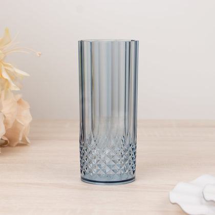 6-Pack Transparent Plastic Highball Drink Glasses 14oz, Crystal Cut Style Dusty Blue - Shatterproof Tall Cocktail Tumblers