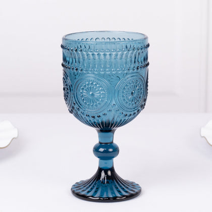 6-Pack Vintage Embossed Wine Glasses 12oz Short Stemmed Design Ocean Blue - Textured Floral Pattern for Cocktails & Drinks