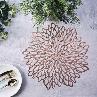 6-Pack Vinyl Dining Table Mats 15" Floral Round Design Rose Gold - Non-Slip Placemats
