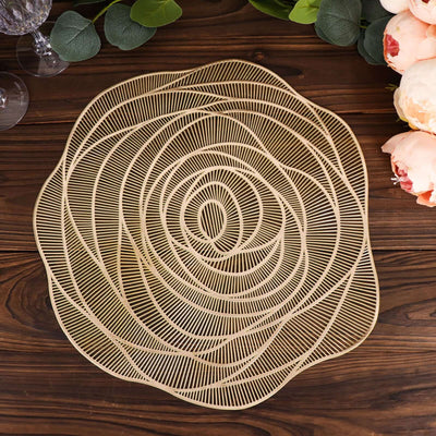 6-Pack Vinyl Dining Table Mats 15" Rose Flower Round Design Metallic Gold - Washable Non-Slip Surface