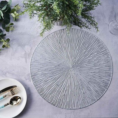 6-Pack Vinyl Dining Table Mats 15" Spiked Round Design Silver - Metallic Non-Slip