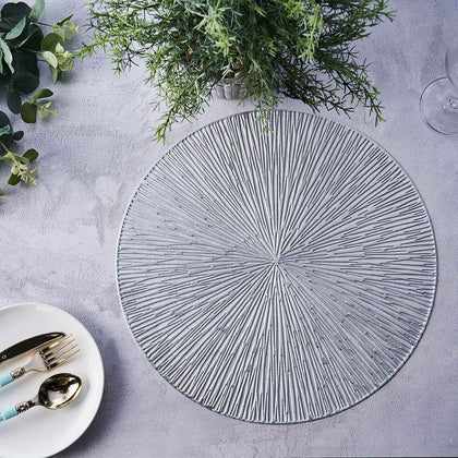 6-Pack Vinyl Dining Table Mats 15" Spiked Round Design Silver - Metallic Non-Slip