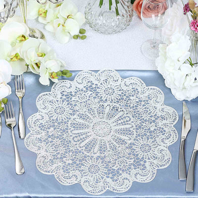 6-Pack Vinyl Dining Table Mats 15" Vintage Floral Lace Design White - Non-Slip and Easy to Clean