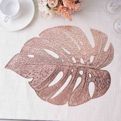 6-Pack Vinyl Dining Table Mats 18" Monstera Leaf Design Rose Gold - Non-Slip Placemats