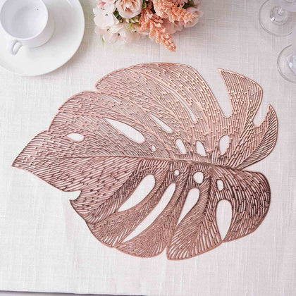 6-Pack Vinyl Dining Table Mats 18" Monstera Leaf Design Rose Gold - Non-Slip Placemats