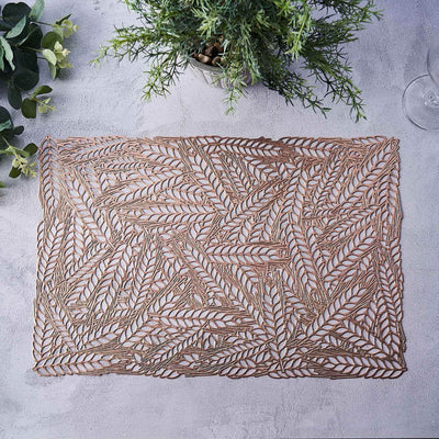 6-Pack Vinyl Rectangle Table Mats 12"x18" Wheat Design Rose Gold - Metallic Non-Slip Surface