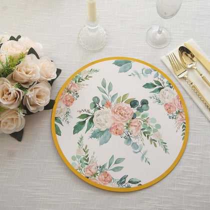 6-Pack Disposable Charger Plates in Floral Print 13" in White/Pink with Gold Rim - 700GSM Floral Paper Chargers for Classy & Convenient Dining