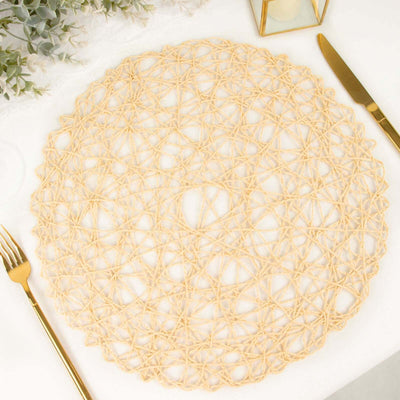 6-Pack Woven Fiber Table Placemats 15" Round Design Beige - Disposable Dining Mats