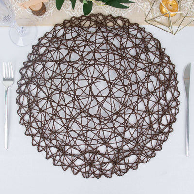 6-Pack Woven Fiber Table Placemats 15" Round Design Dark Brown - Disposable Dining Mats