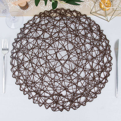 6-Pack Woven Fiber Table Placemats 15" Round Design Dark Brown - Disposable Dining Mats