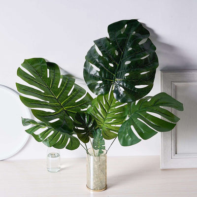 6 Stems Assorted Green Artificial Silk Monstera Leaf Stems, Faux Tropical Foliage for Jungle & Hawaiian Decor