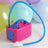 Pink balloon pump with blue hose, ideal for party decorations.