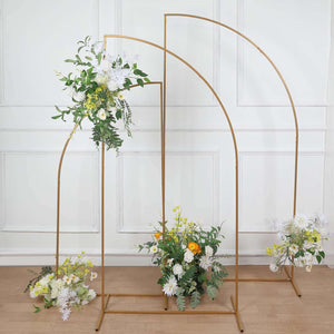 Gold metal arch with floral arrangements for events or decor.