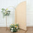 Floral arrangement with a gold arch and beige backdrop in a studio setting.
