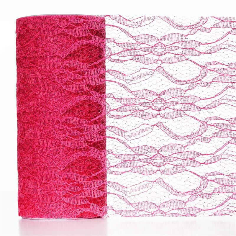 Pink lace fabric roll on white background