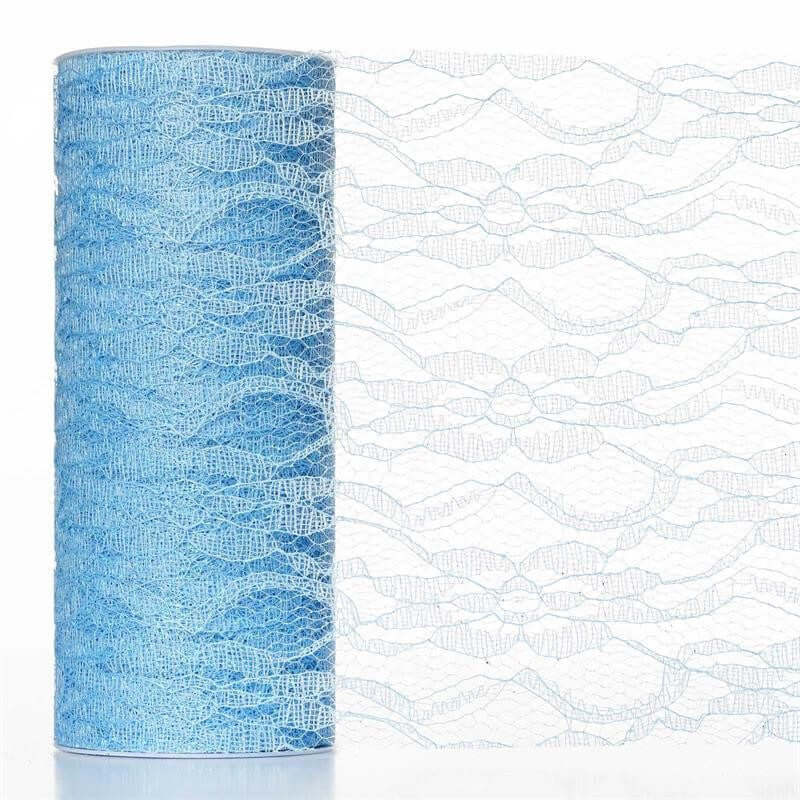 Blue lace ribbon roll against a plain white backdrop #whtbkgd