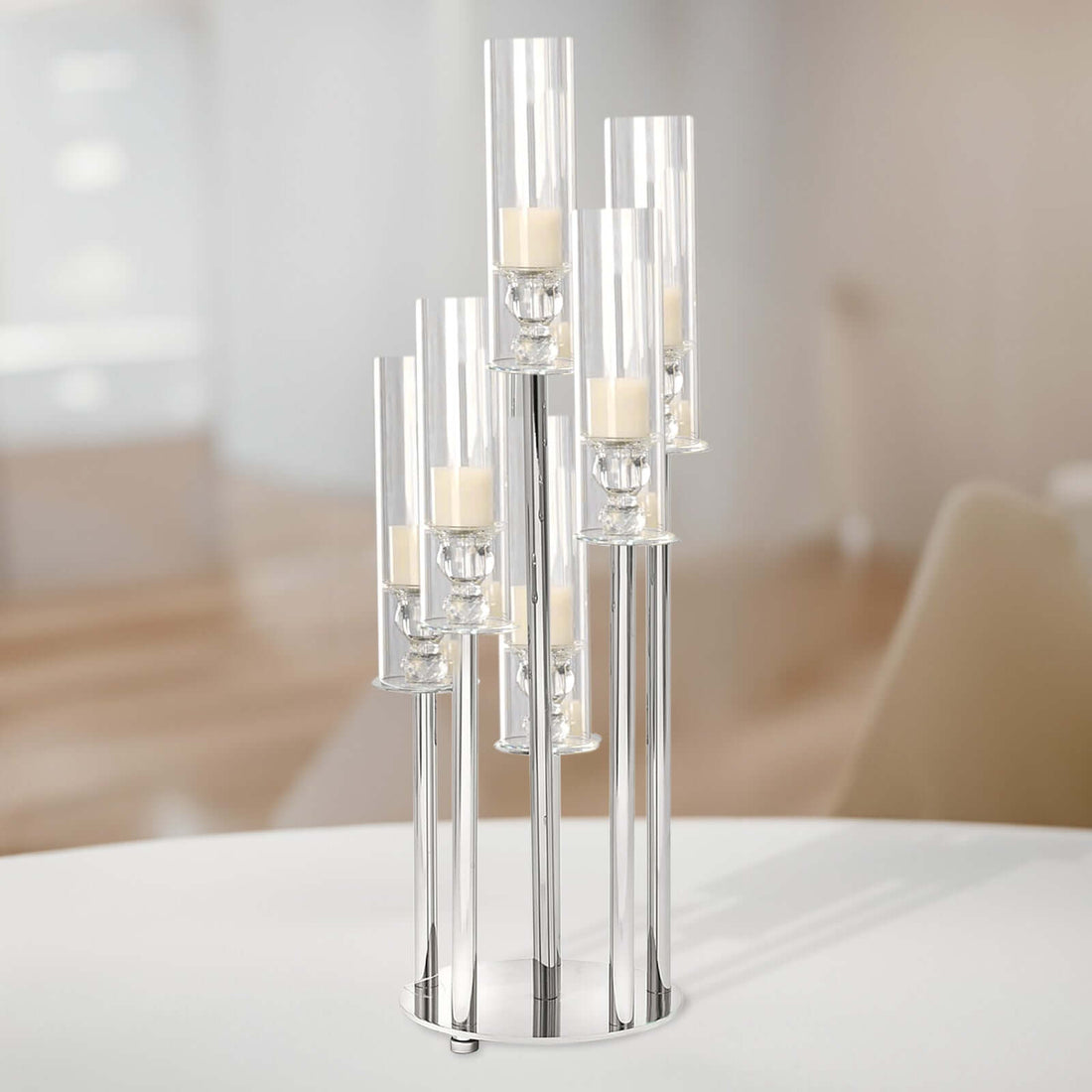 Modern candle holder with glass tubes and candles, elegant home decor.