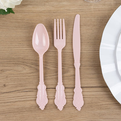 72 Pcs Plastic Silverware Set Blush in Baroque Style - Heavy Duty Disposable Knife, Fork, and Spoon Set