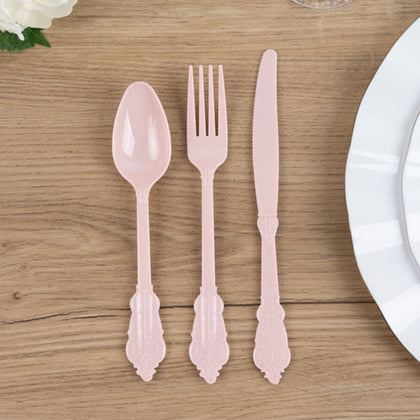 72 Pcs Plastic Silverware Set Blush in Baroque Style - Heavy Duty Disposable Knife, Fork, and Spoon Set
